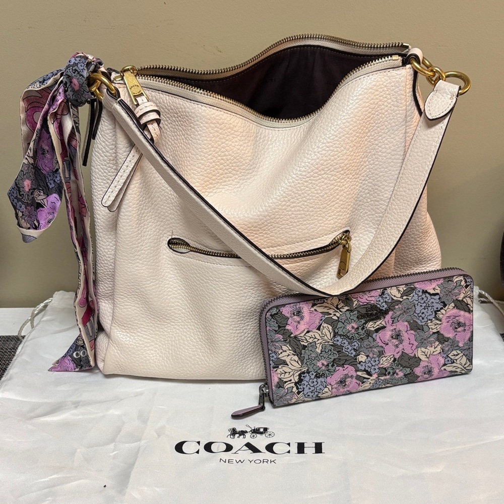 Coach Cream Shoulder Bag with Floral Scarf and Wallet